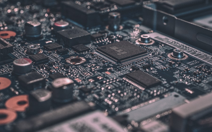 Close up of a computer circuit board showing memory and controller chips